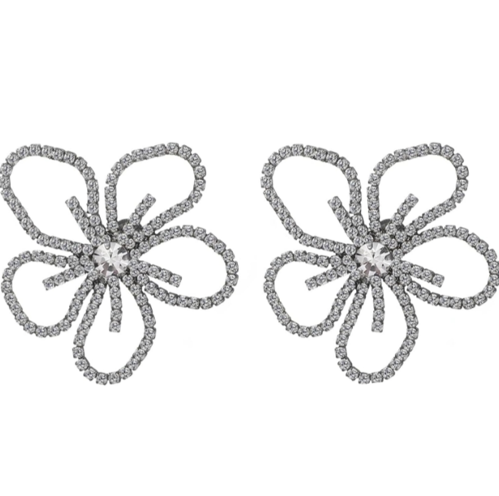 Rhinestone Flower Outline Silver Earrings CZ Crystal Flowers Pave Sparkle New